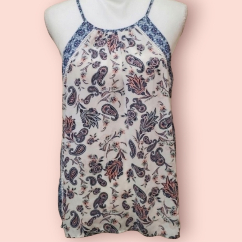 Maurices Cream Paisley Halter Tank with Navy Trim and Pink Accents